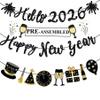 Happy New Year Banner Black Glitter Pre-Strung Hello 2026 NYE Banner New Years Sign Happy New Year Garland For New Years Eve Party Supplies Decorations 2026 view 1