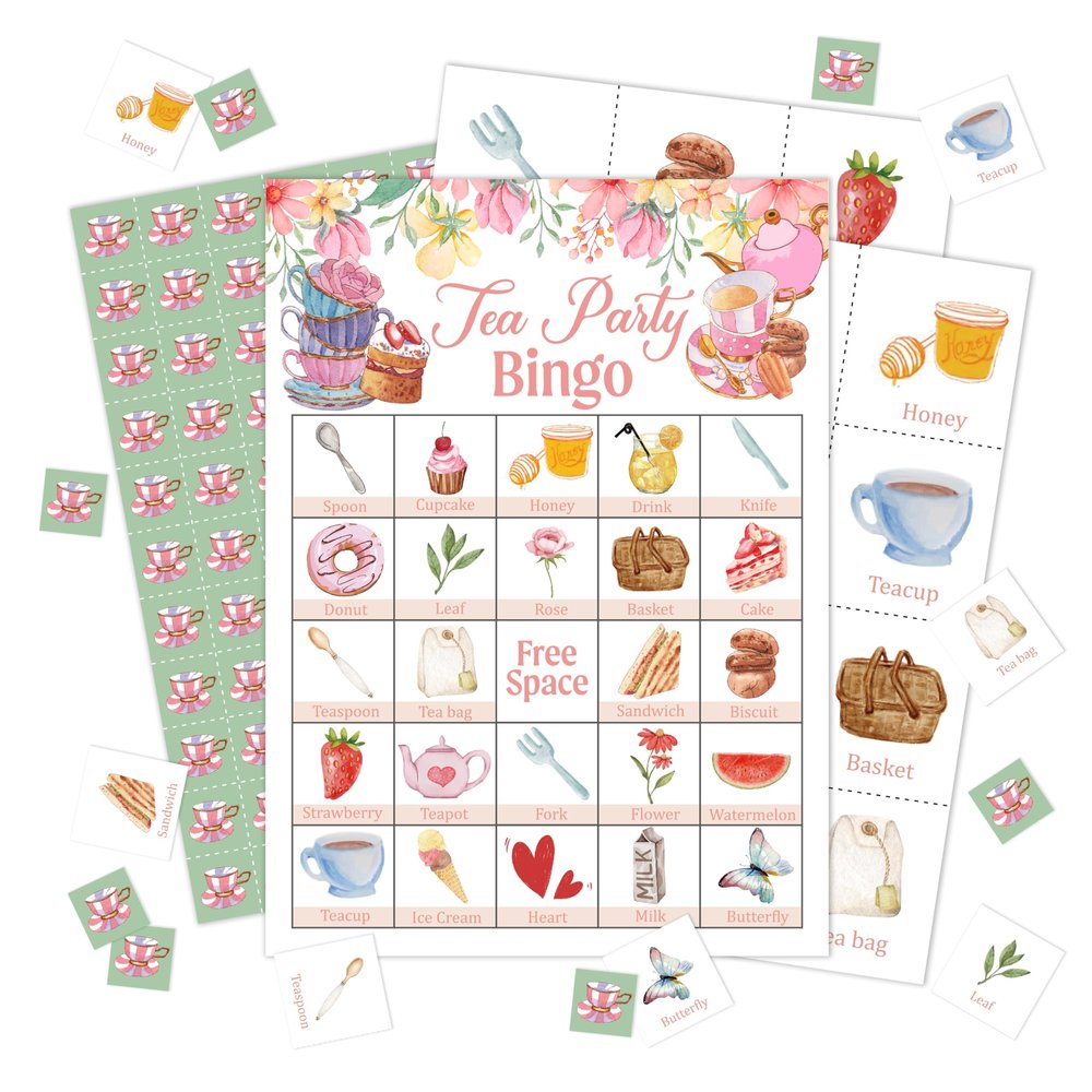 Zcsni Tea Party Bingo Game Cards, Garden Tea Party Decor, Tea Party Favors, Bachelorette Party Activities, Bridal Shower Party Supplies for Adults Friends Family, Holiday Gathering Bingo Cards -14