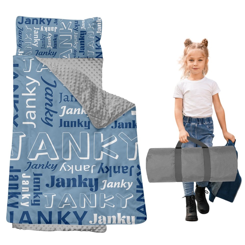 Dyoart, Personalized Toddler Nap Mat with Pillow and Blanket - Roll Up Nap Mat for Preschool, Daycare - Custom Names Soft Kids Sleeping Bags - Lightweight Sleeping Bag Light Blue