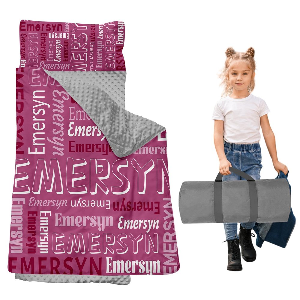 Dyoart, Personalized Toddler Nap Mat with Pillow and Blanket - Roll Up Nap Mat for Preschool, Daycare - Custom Names Soft Kids Sleeping Bags - Lightweight Sleeping Bag Pink Alphabet