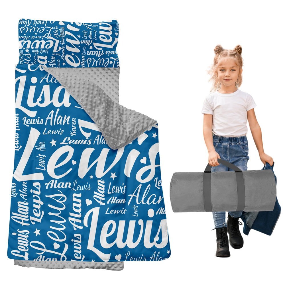 Dyoart, Personalized Toddler Nap Mat with Pillow and Blanket - Roll Up Nap Mat for Preschool, Daycare - Custom Names Soft Kids Sleeping Bags - Blue Lightweight Sleeping Bag
