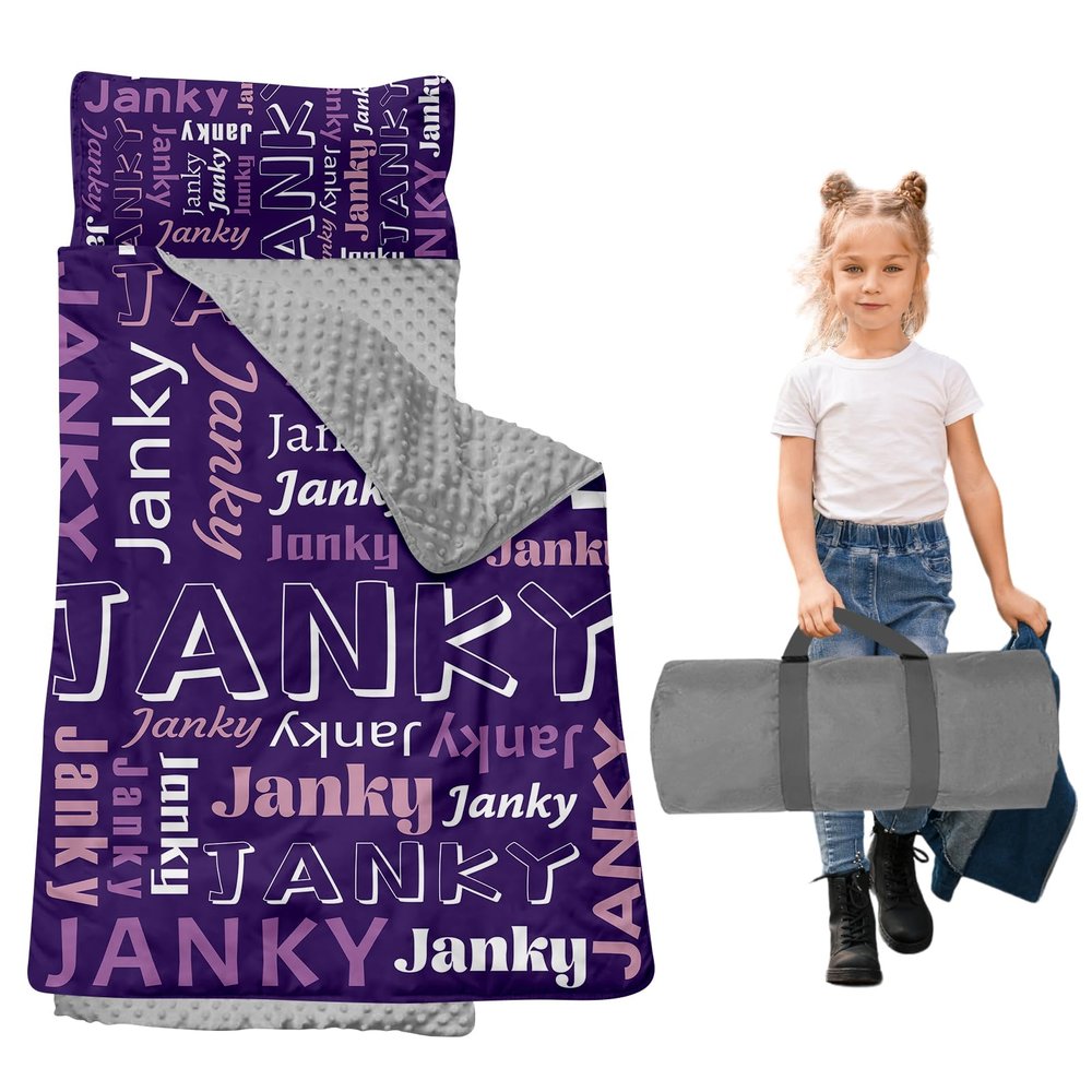 Dyoart, Personalized Toddler Nap Mat with Pillow and Blanket - Roll Up Nap Mat for Preschool, Daycare - Custom Names Soft Kids Sleeping Bags - Lightweight Sleeping Bag Purple Letters