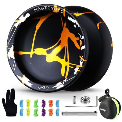 MAGICYOYO V10 Finger Spin Yoyo Professional Metal Trick Yoyo Responsive & Unresponsive Dual Purpose Yo Yo with Storage Case + Yo Yo Glove +12 Strings(Black Golden)