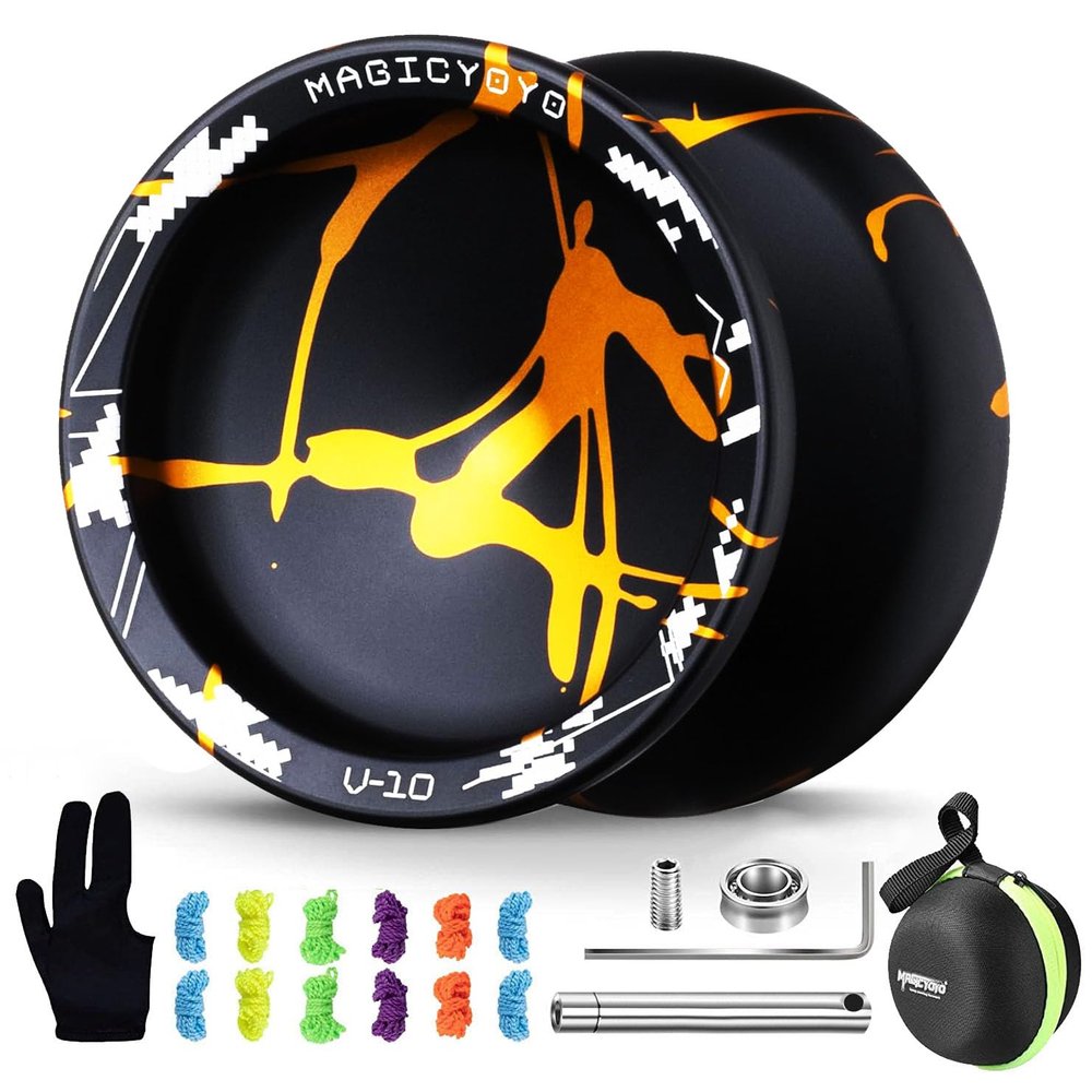 MAGICYOYO V10 Finger Spin Yoyo Professional Metal Trick Yoyo Responsive & Unresponsive Dual Purpose Yo Yo with Storage Case + Yo Yo Glove +12 Strings(Black Golden)