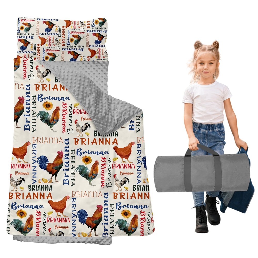 Dyoart, Personalized Toddler Nap Mat with Pillow and Blanket - Roll Up Nap Mat for Preschool, Daycare - Custom Names Soft Kids Sleeping Bags - Lightweight Sleeping Bag Roosters Designs