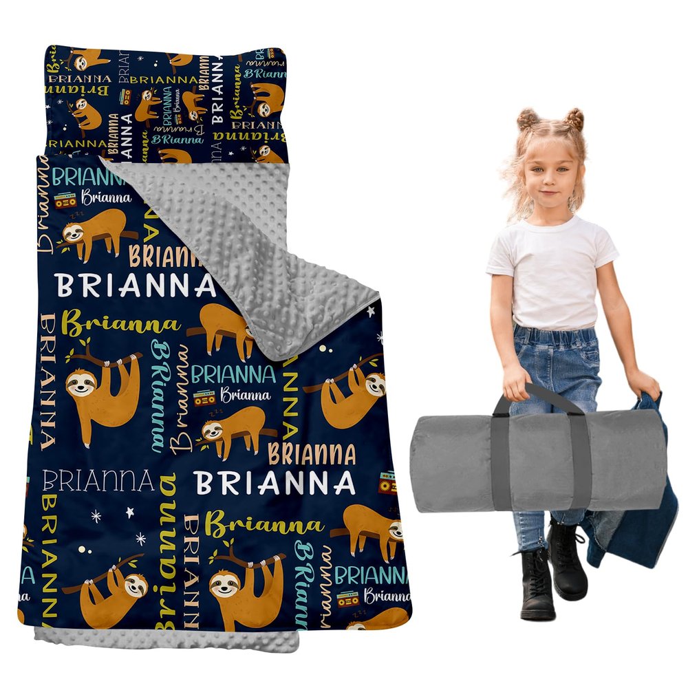 Dyoart, Personalized Toddler Nap Mat with Pillow and Blanket - Roll Up Nap Mat for Preschool, Daycare - Custom Names Soft Kids Sleeping Bags - Lightweight Sleeping Bag Sloth Designs