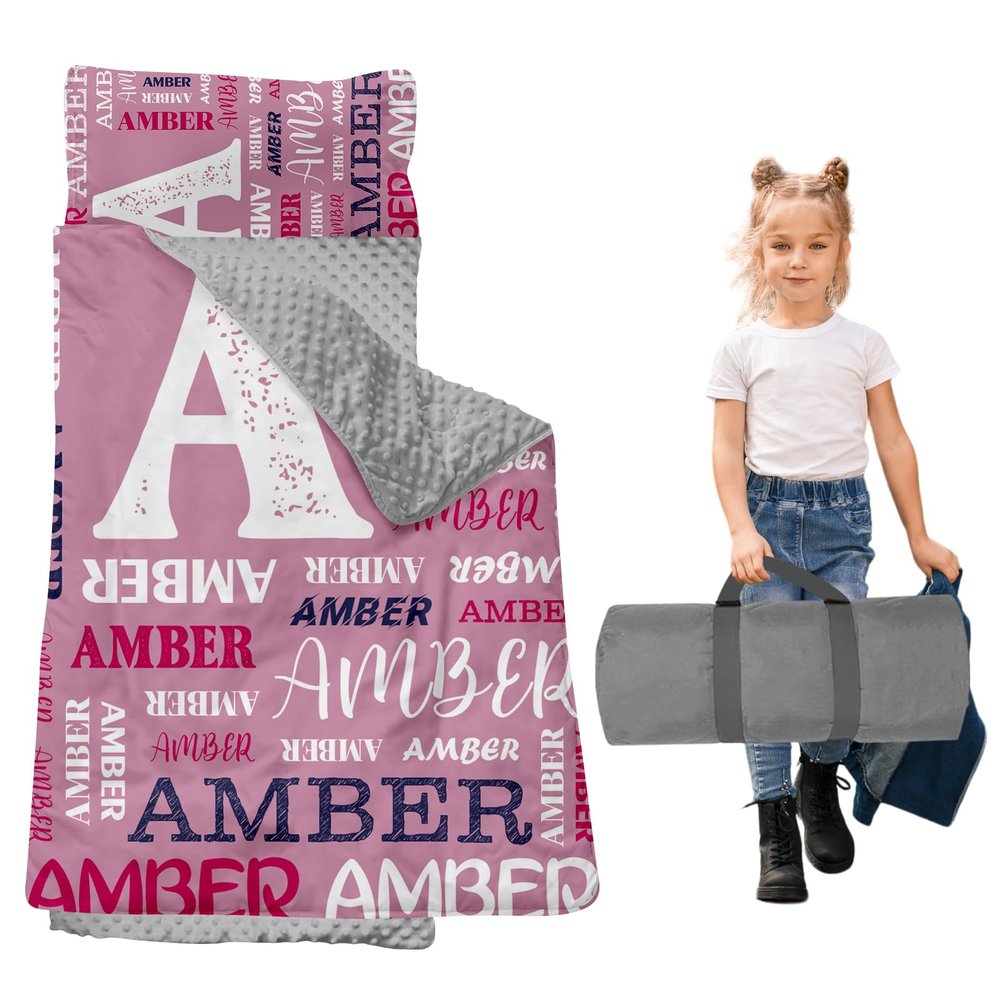 Dyoart, Personalized Toddler Nap Mat with Pillow and Blanket - Roll Up Nap Mat for Preschool, Daycare - Custom Names Soft Kids Sleeping Bags - Lightweight Sleeping Bag Initials Designs