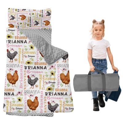 Dyoart, Personalized Toddler Nap Mat with Pillow and Blanket - Roll Up Nap Mat for Preschool, Daycare - Custom Names Soft Kids Sleeping Bags - Lightweight Sleeping Bags Hen Design