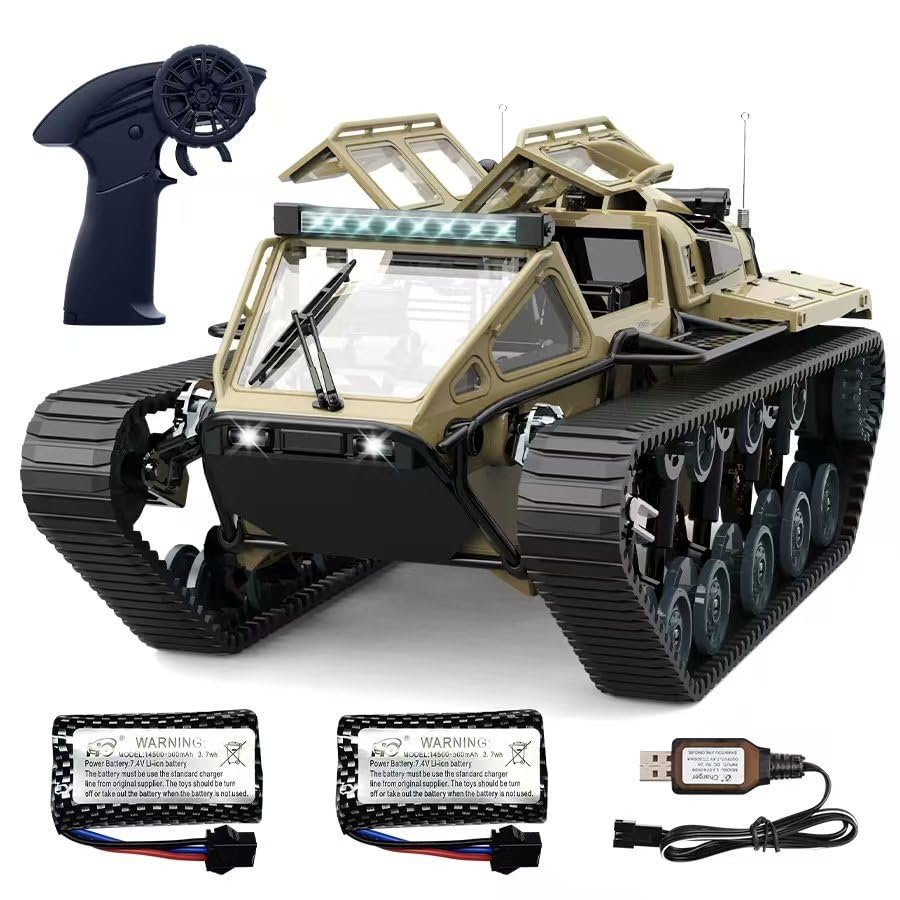 XCRCFUN RC Tank Car, 1:16 Remote Control Crawler 10KM/H High Speed Tank, 2.4Ghz RC Rock Crawler Off-Road 4WD 360Rotating Drifting Car with 2 Batteries, Military Truck Toy for Kids