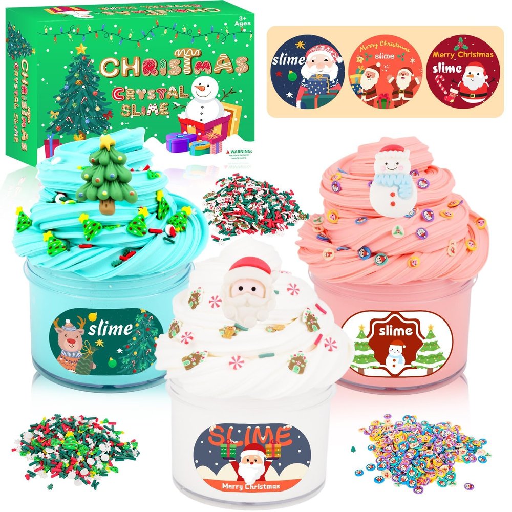 3 Pack Christmas Butter Slime Kit for Kids, Scented Slime with Santa Claus, Snowman, Christmas Tree Charm, Soft, Non-Sticky, Goodies Bag Toy for Party Favors, Birthday Gifts for Girl Boy