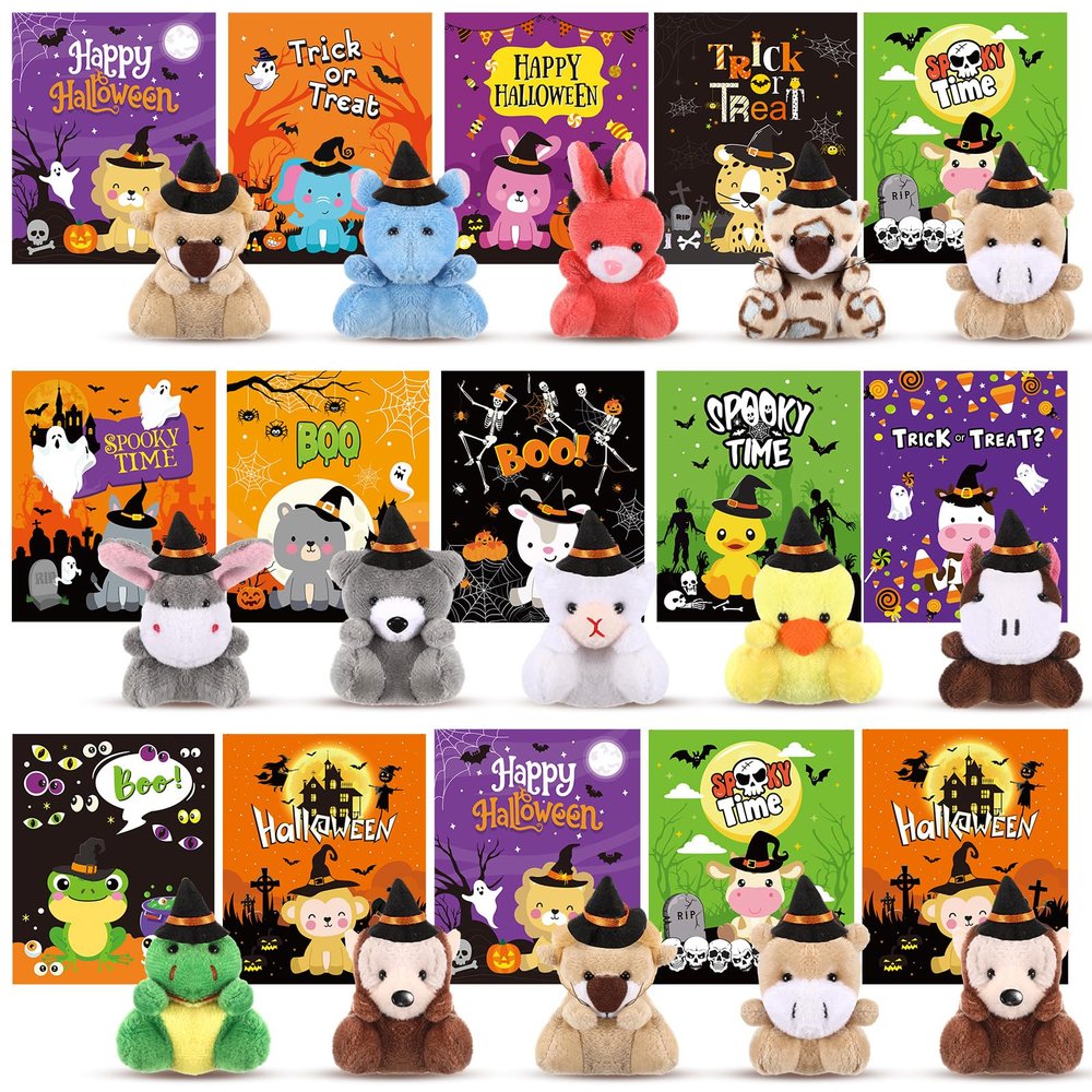 Hollowfly 15 Sets Halloween Mini Stuffed Animals Bulk with Cards Soft Plush Toy with Witch Hat Stuffed Mini Halloween Plush Doll for Party Favors Goodie Bag Filler
