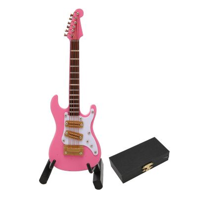 10cm Mini Electric Guitar Model, Miniature Pink Wooden Guitar with Storage Box, Realistic Musical Instrument, Dollhouse Ornament, Decoration for Home, Office and Desktop