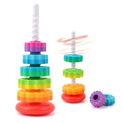 Riuja Baby Spinning Stacking Toys, 1-3 Rainbow Ring Stacker Montessori Toys for Babies, Sensory Toys for Toddlers, Christmas and Birthday Gifts Suitable for Boys and Girls (14 inches)