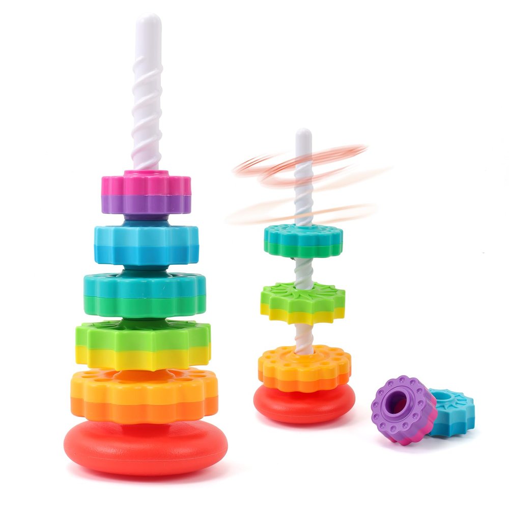 Riuja Baby Spinning Stacking Toys, 1-3 Rainbow Ring Stacker Montessori Toys for Babies, Sensory Toys for Toddlers, Christmas and Birthday Gifts Suitable for Boys and Girls (14 inches)