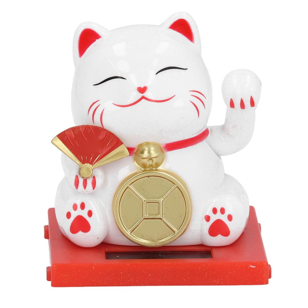 Solar Powered Lucky Cat, 2 Inch Waving Arm White Cat Set, Good Luck Charm, Luck and Fortune, Solar Waving Cat, Solar Energy Powered Car Dashboard Decor for Home Office (White)