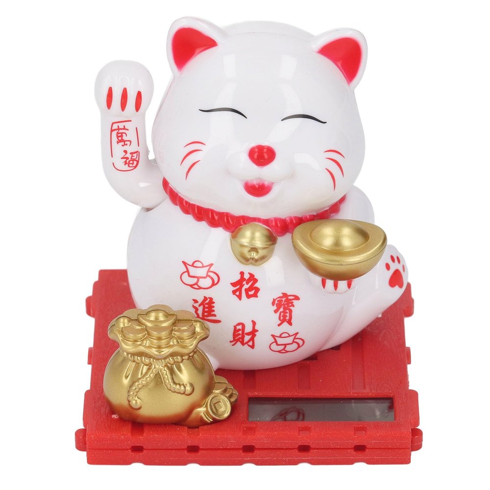 Solar Powered Cute Waving Cat, 3.1x3.1x3.5inch Money Lucky Figurine Solar Lucky Money Cat Ornament, Wealth Good Luck Fortune Shui Desk Decoration Car Decor for Home Office (White)