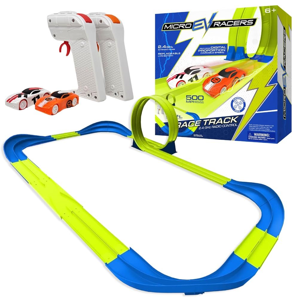 Car Race Track Set with 2 High-Speed Micro EV Racers, Dual Racing Game Lap, Toy Gift for Kids, Boys, Girls, Ages 6+