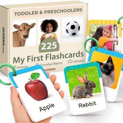 QUOKKA 225 Toddler Flash Cards with Rings  Realistic Learning Cards for Ages 13  Alphabet, First Words, Animals etc  Portable Montessori Flashcards for Car Rides, Stroller Walks, Shopping &Travel