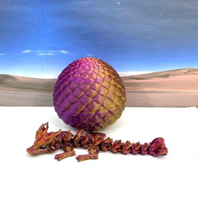 3D Printed Baby Dragon with Dragon Egg, Articulated Clover, Crystal, Easter, Rose, Gemstone, Orchid, Woodland Baby Dragon, Fidget ADHD Toy BD-Set-001 (Egg + Woodland Baby Dragon, Red Purple Gold)