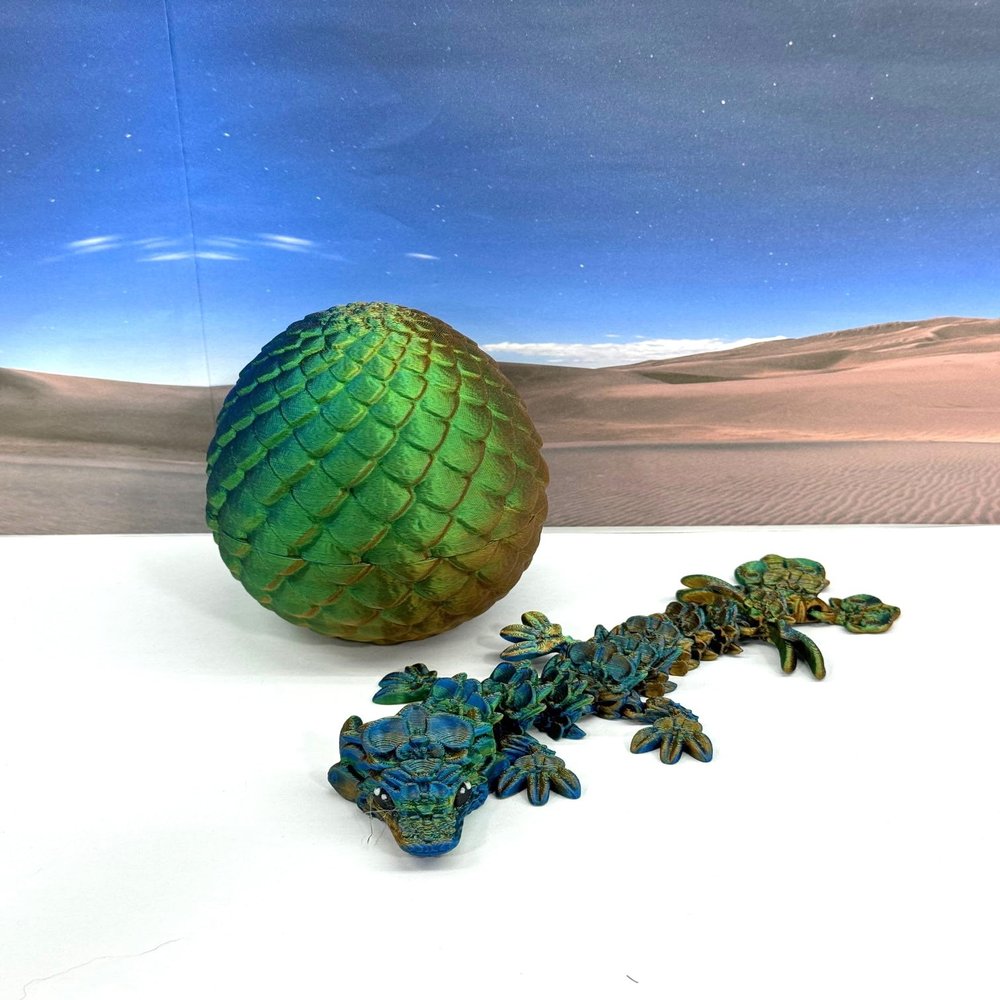 3D Printed Baby Dragon with Dragon Egg, Articulated Clover, Crystal, Easter, Rose, Gemstone, Orchid, Woodland Baby Dragon, Fidget ADHD Toy BD-Set-001 (Egg + Orchid Baby Dragon, Orange Blue Green)