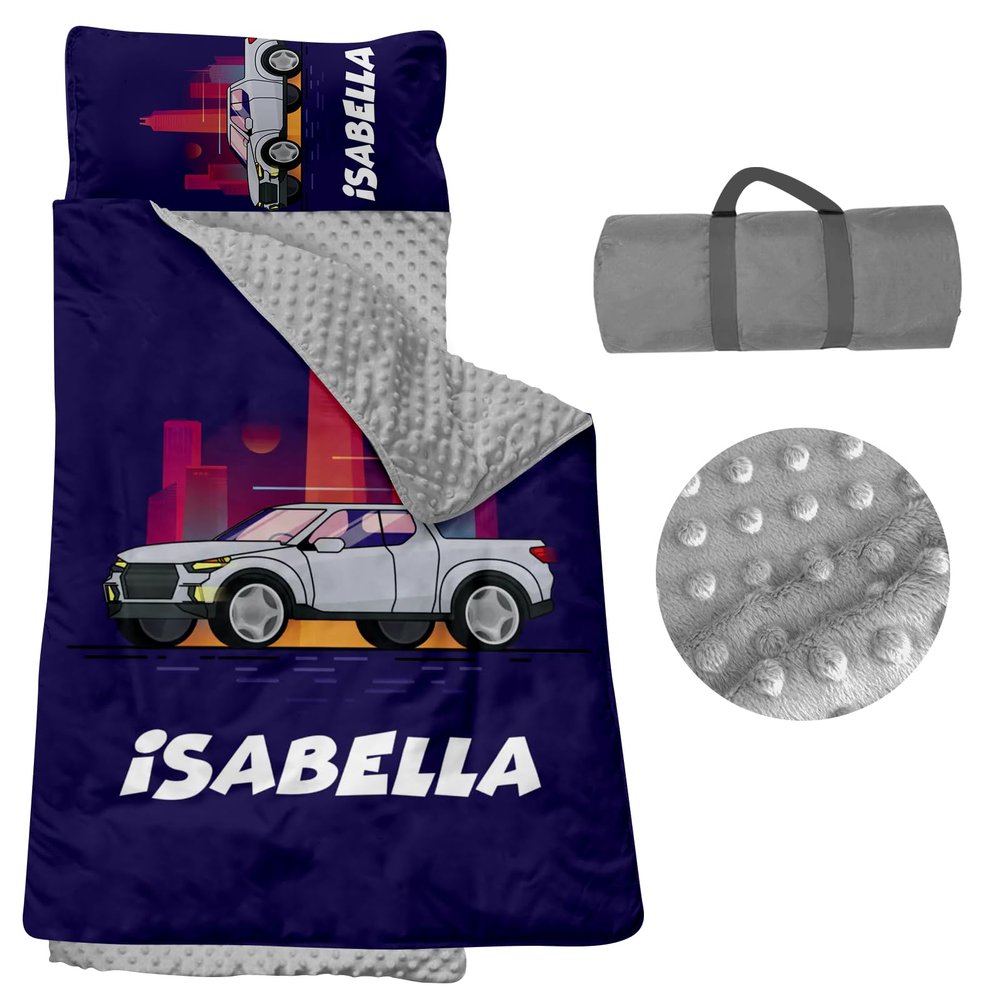 Personalized Nap Mats for Preschool, Custom Name Toddler Sleep Mats for Kids Daycare Kindergarten Car Series Portable Sleeping Bag with Pillow and Blanket for Boys Girls Easy Roll Up City