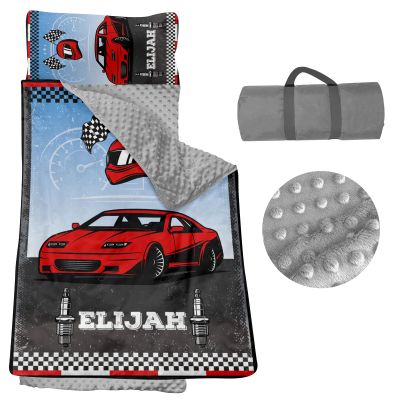 Personalized Nap Mats for Preschool, Custom Name Toddler Sleep Mats for Kids Daycare Kindergarten Car Series Portable Sleeping Bag with Pillow and Blanket for Boys Girls Easy Roll Up Racing