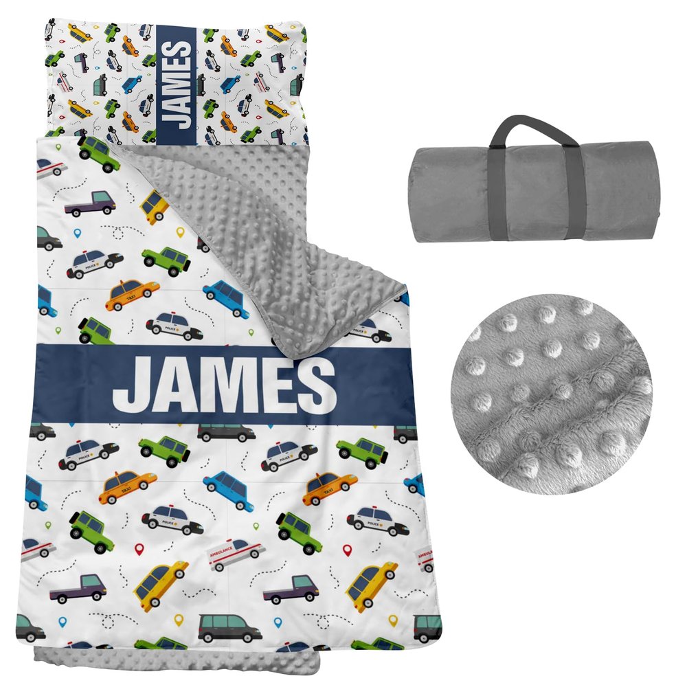 Personalized Nap Mats for Preschool, Custom Name Toddler Sleep Mats for Kids Daycare Kindergarten Car Series Portable Sleeping Bag with Pillow and Blanket for Boys Girls Easy Roll Up Police Car
