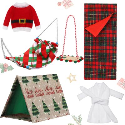 Liliful 6 Pcs Christmas Elf Accessories Include Christmas Sleeping Bag, Xmas Camping Tent, Sweater, Bathrobe, Swing, Hammock Xmas Gifts Accessories for Dollhouse Party Supplies(Elegant)