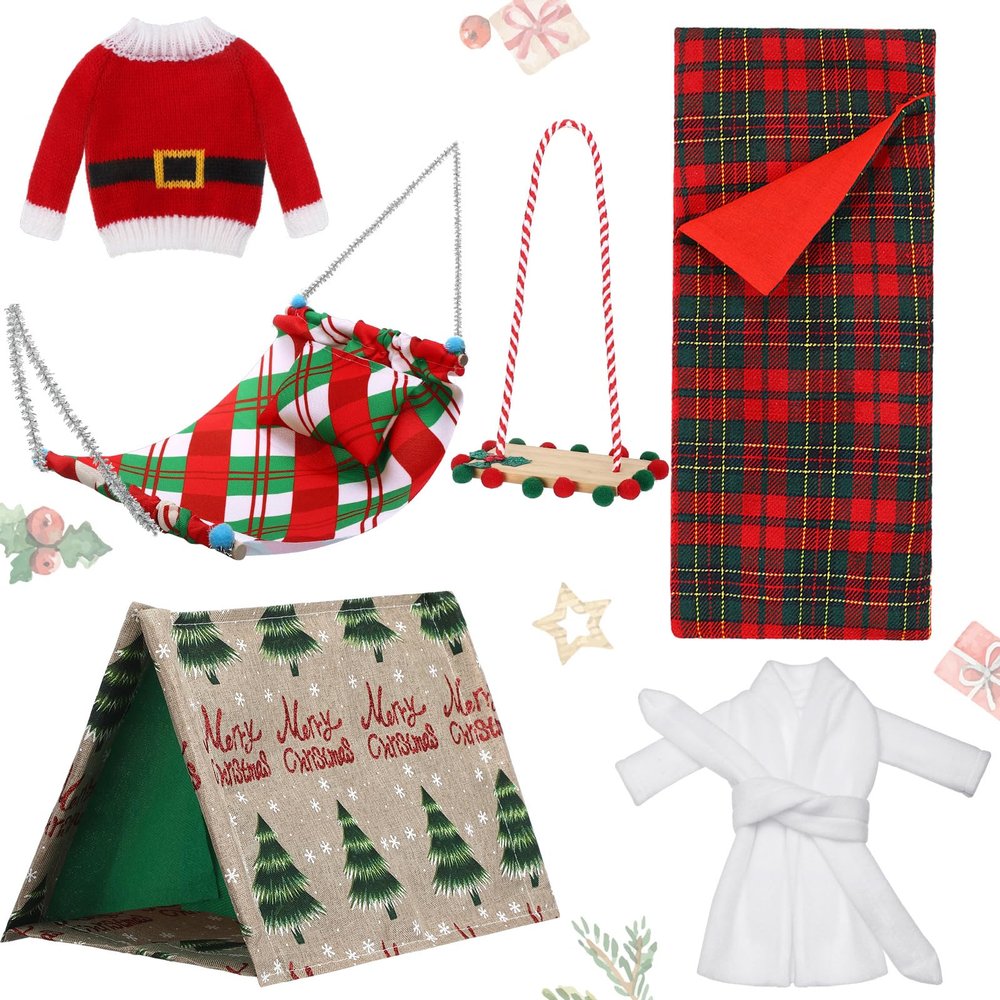 Liliful 6 Pcs Christmas Elf Accessories Include Christmas Sleeping Bag, Xmas Camping Tent, Sweater, Bathrobe, Swing, Hammock Xmas Gifts Accessories for Dollhouse Party Supplies(Elegant)