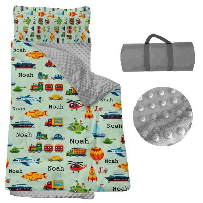 Personalized Nap Mats for Preschool, Custom Name Toddler Sleep Mats for Kids Daycare Kindergarten Car Series Portable Sleeping Bag with Pillow and Blanket for Boys Girls Easy Roll Up Plane