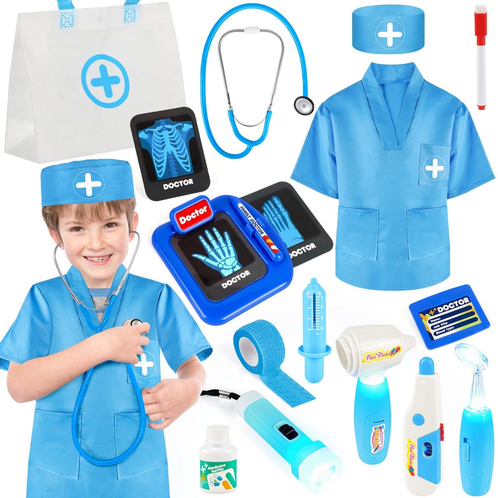 IVENRXIU Doctor Kit for Kids, 17 Pcs Medical Play Set with Bag and Dress Up Costume for Toddlers 3-5, Pretend Play Toys for Kids Boys and Girls, Halloween Christmas Birthday Gifts