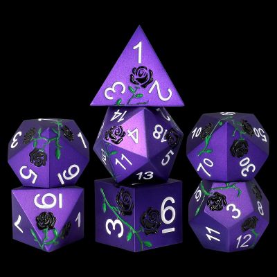 CSITORWWE Rose Flower Form Metal Dice,7PCS Heavy Metal Dice Set,Polyhedral Dice with Gift Case for TTRPG Tabletop Gaming,Dungeon Masters,RPG Adventures(Purple with Black Rose)