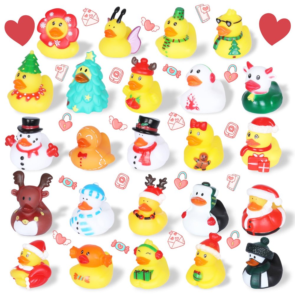 24 Pcs Valentine Rubber Ducks Bulk - 24 Unique Surprise Designs - Perfect for Valentines Day Party Favors, Gift Exchange & Romantic Decor - Ideal for Couples, Lovers & Adults