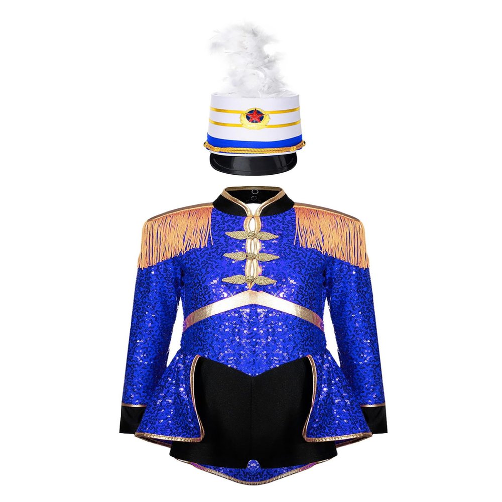 Lorilida Girls Circus Drummer Magician Costume Kids Ring Master Jumpsuit Uniform Halloween Outfit Royal Blue B 8 Years