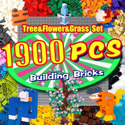 1900 Pieces Building Bricks, Building Bulks Blocks with 1 Packs 24x24 Studs Sticky Plates,400PCS Flowers and Tree/Grassland, Creative Toy Blocks Compatible with All Major Brands 14 Shape/18 Color
