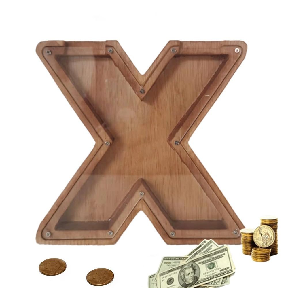 Wooden Letter Piggy Bank, Cute 26 Alphabet Money Bank, Personalized Bills and Coins Bank Money Box, Cash Saving Bank for Adults Boys Girls Best Gift (X)