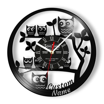 The Geeky Days Cute Owl Personalized Name Vinyl Record Wall Clock
