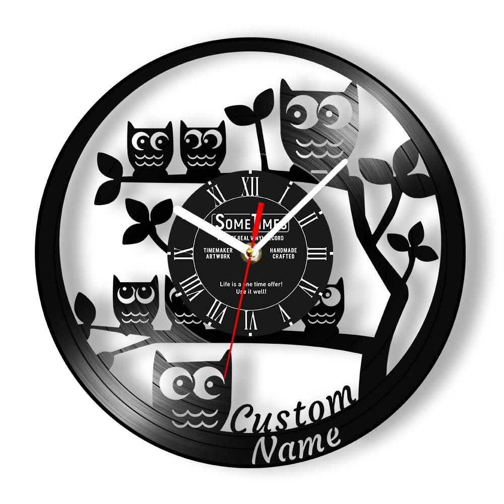The Geeky Days Cute Owl Personalized Name Vinyl Record Wall Clock