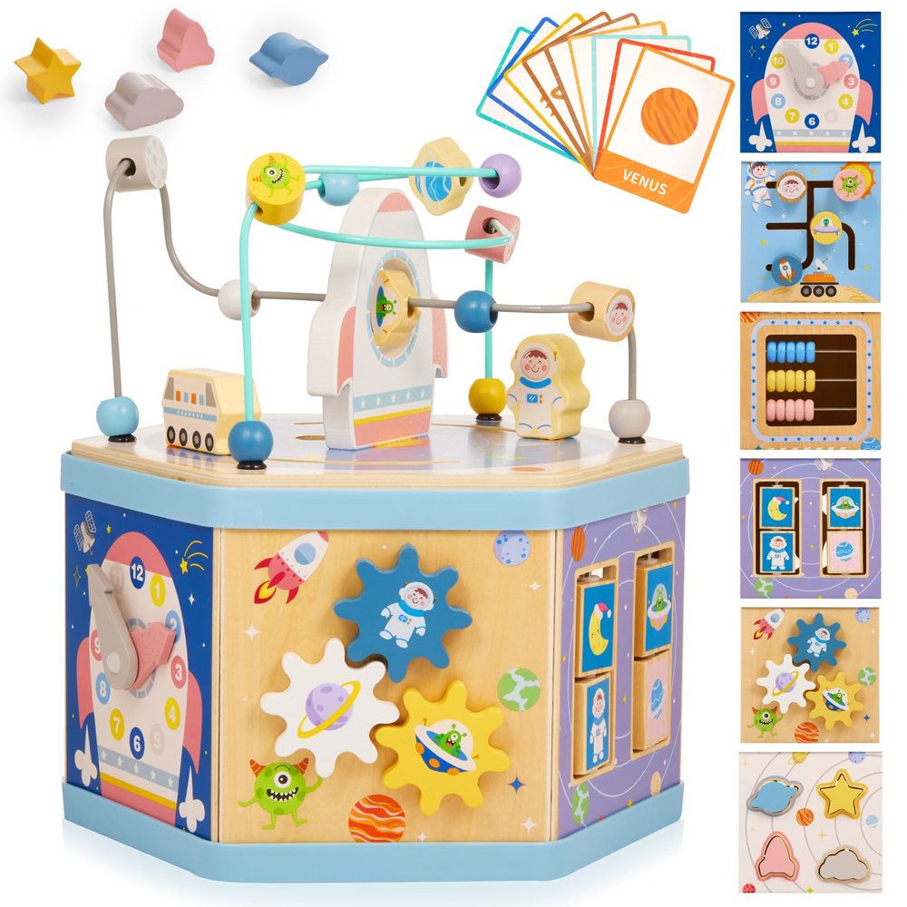 Gleamkid Large Wooden Space Activity Cube Toys, 9-in-1 Early Educational Montessori Learning Toys for 2 3 4 Toddlers with Abacus Bead Maze for 24+ Months Boys Girls First Birthday