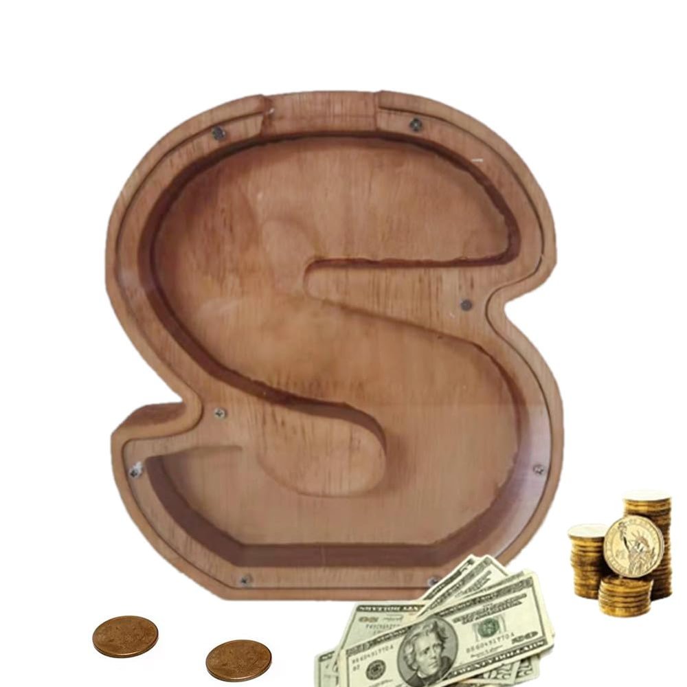 Wooden Letter Piggy Bank, Cute 26 Alphabet Money Bank, Personalized Bills and Coins Bank Money Box, Cash Saving Bank for Adults Boys Girls Best Gift (S)