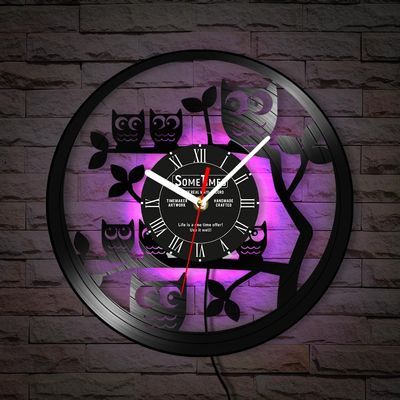 The Geeky Days Personalized Baby Owl Wall Clock, 7 Kinds of LED Color Cute Cartoon Owls Wall Clock Retro Custom Night Light Vinyl Record Wall Watch Clock Silent Movement for Kids Room Nursery 12 Inch