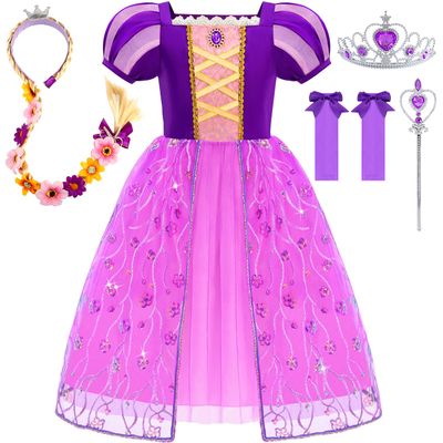 Aolliya Princess Dresses for Girls Puff Sleeve Princess Costume Purple Princess Dress Up Clothes for Halloween Cosplay Party