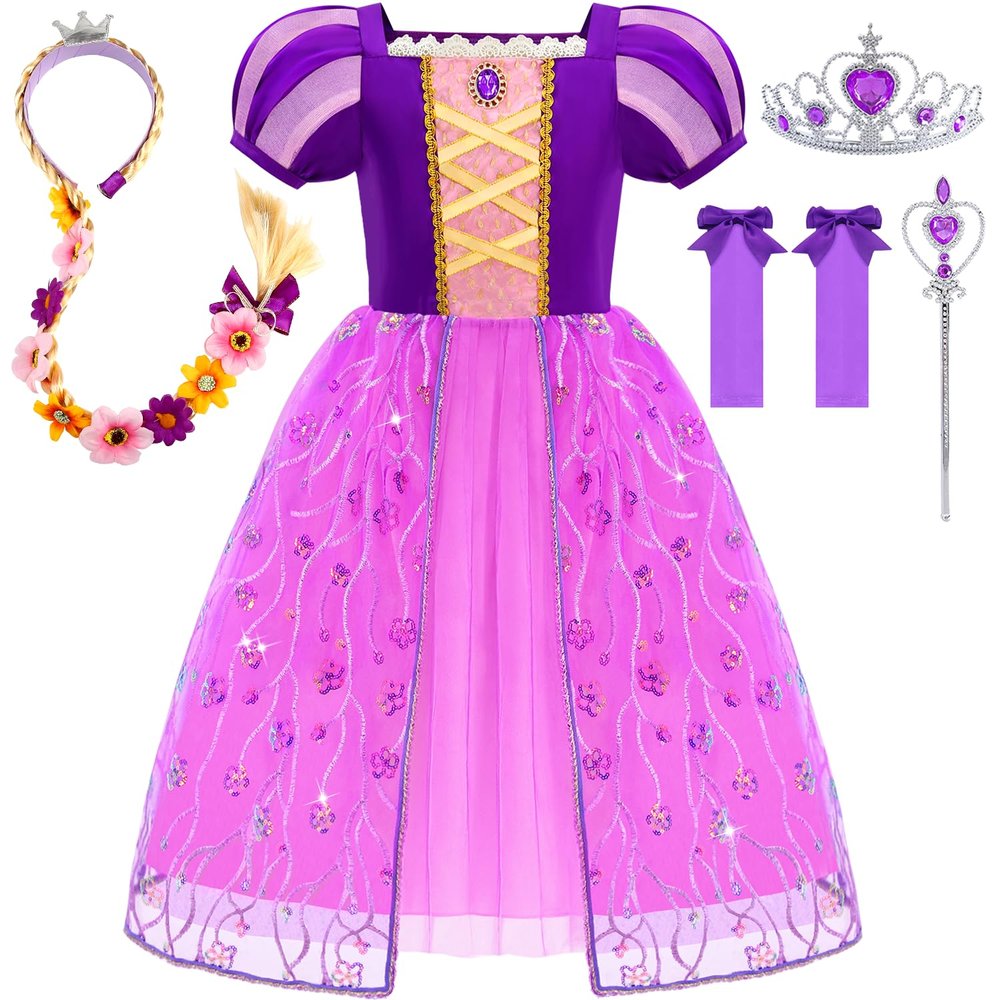 Aolliya Princess Dresses for Girls Puff Sleeve Princess Costume Purple Princess Dress Up Clothes for Halloween Cosplay Party
