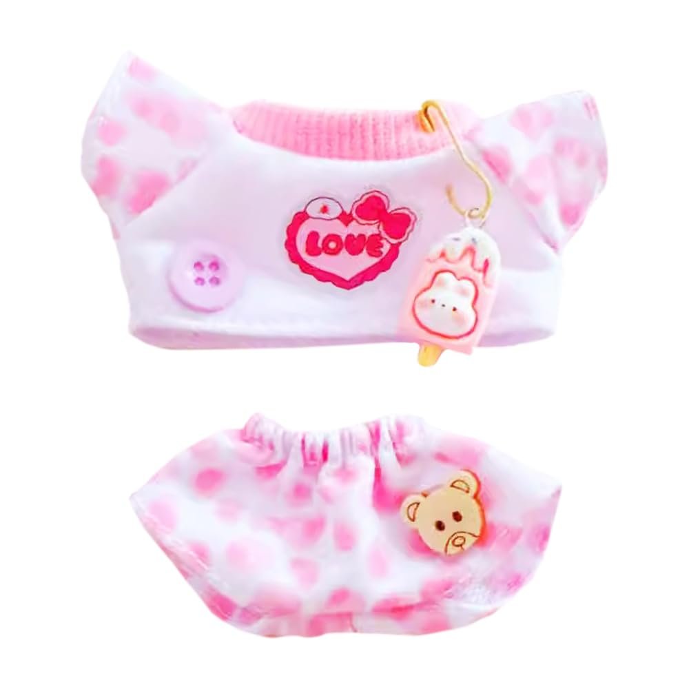 niannyyhouse 10cm~15cm 20cm Plush Doll Clothes T-Shirt Pants Pattern Set Doll Dressup (Pink-10cm~15cm)