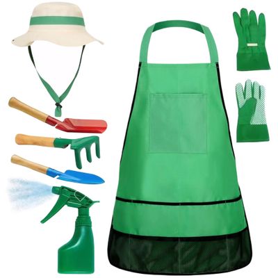 Kids Gardening Tools Kids Gardening Set 7Pcs/Set Educational Toddler Gardening Set Includes Apron, Sprayer, Gloves, Hat, Rake, Shovels Kids Gardening Tool Set for Gardening Cosplay present for Kids