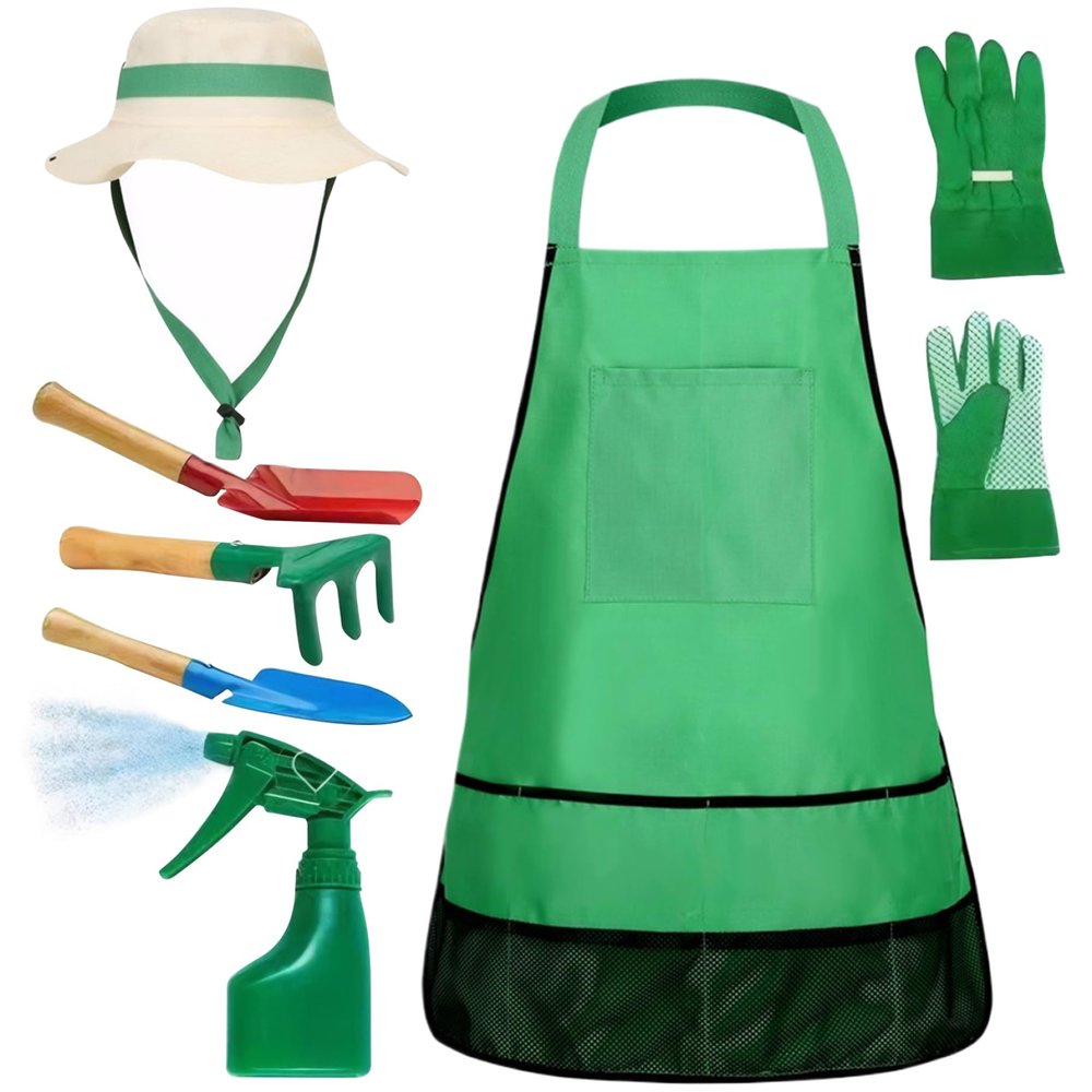 Kids Gardening Tools Kids Gardening Set 7Pcs/Set Educational Toddler Gardening Set Includes Apron, Sprayer, Gloves, Hat, Rake, Shovels Kids Gardening Tool Set for Gardening Cosplay present for Kids