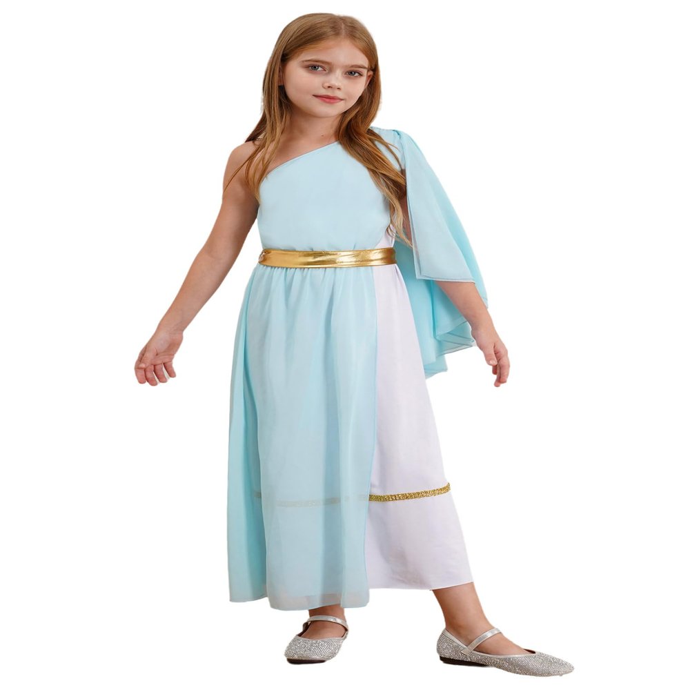 Riismen Ancient Greek Rome Toga for Girls Singer Shoulder Tulle Dress Ball Robe Halloween Role Play Dress Up Light Blue 8 Years