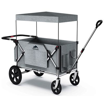MAIZOA Foldable Wagon Stroller, Stroller Wagon for 2 Kids with 5-Point Harnesses,Adjustable Push/Pull Handle, Removable Sun Canopy, Suitable for Family Travel, Two Children Ride, Large Storage,Gift