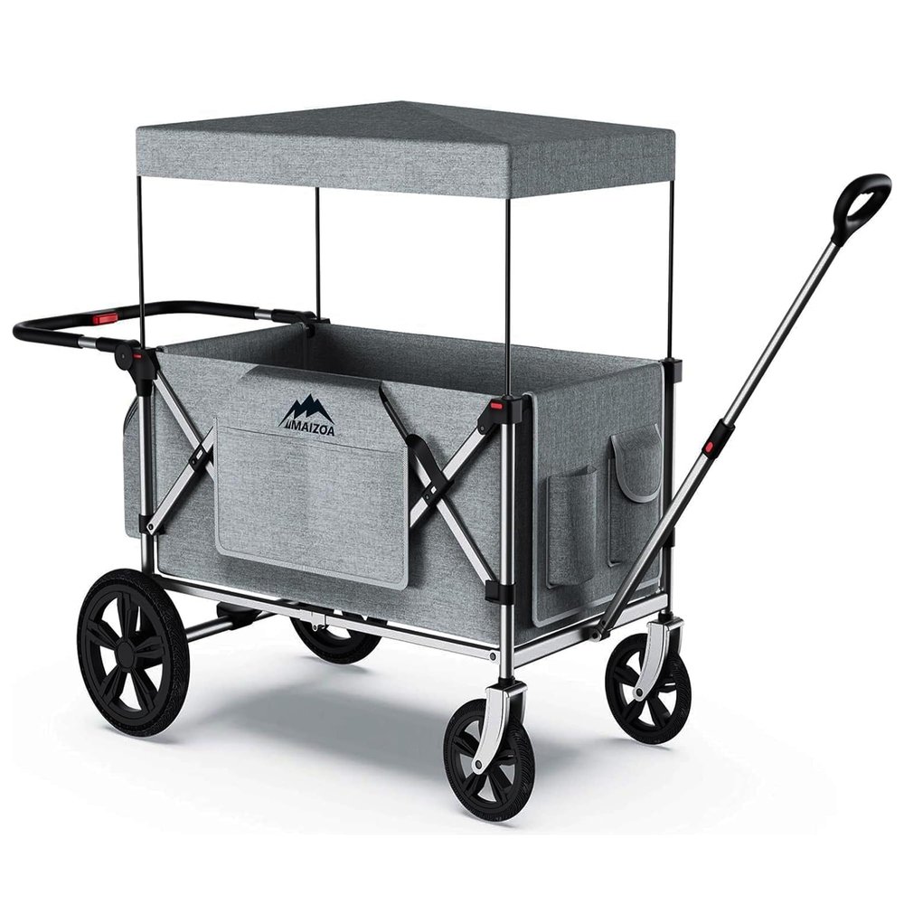 MAIZOA Foldable Wagon Stroller, Stroller Wagon for 2 Kids with 5-Point Harnesses,Adjustable Push/Pull Handle, Removable Sun Canopy, Suitable for Family Travel, Two Children Ride, Large Storage,Gift