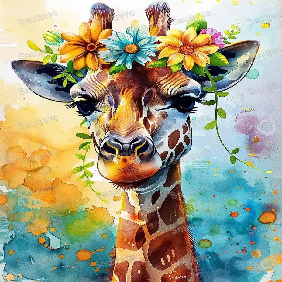 Wreath Giraffe 1000-Piece Wooden Jigsaw Puzzle - Letters on The Back -Perfect Interlocking Clear Printing - Adults Educational Puzzle Ideal Gifts - Display as Artwork Idea!